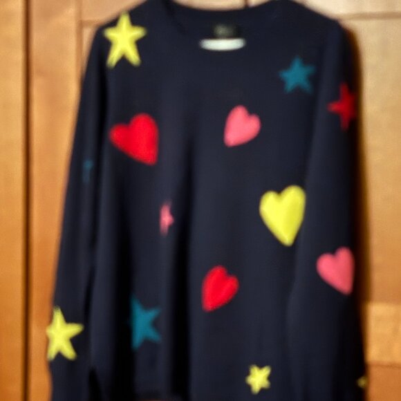 J.Crew Womans Sweater Sz XL Navy Multicolo Star Hear Cashmere Crewneck Sweater - Picture 6 of 7